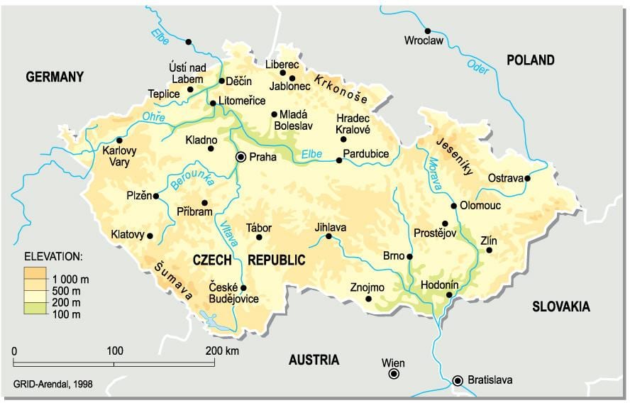 Česko výšková mapa